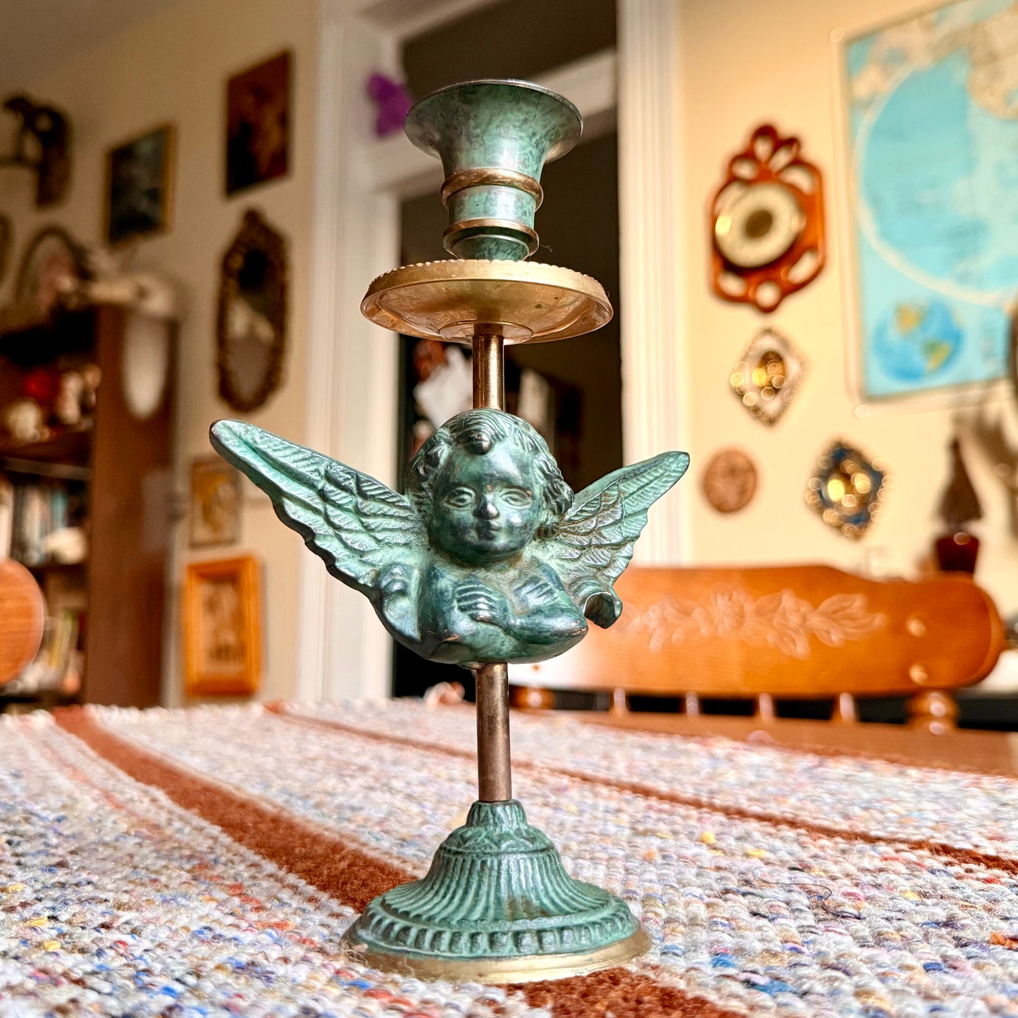 Vintage Brass and Copper Patinated Cherub Angel Candlestick Holder