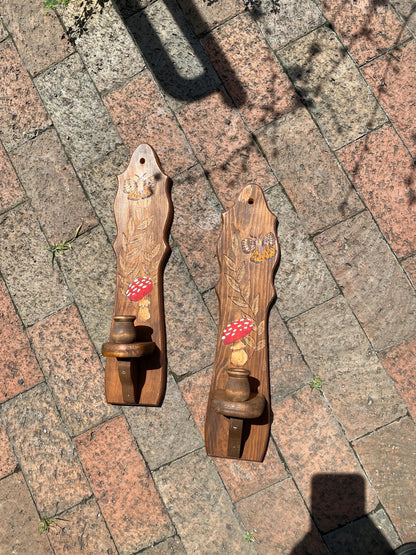 MCM Style Wooden Wall Candle Holders with Butterfly and Mushroom Design