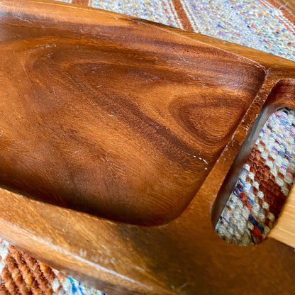 Mid-Century Modern Solid Acacia Koa Wood Gondola Tray with Rattan Handles