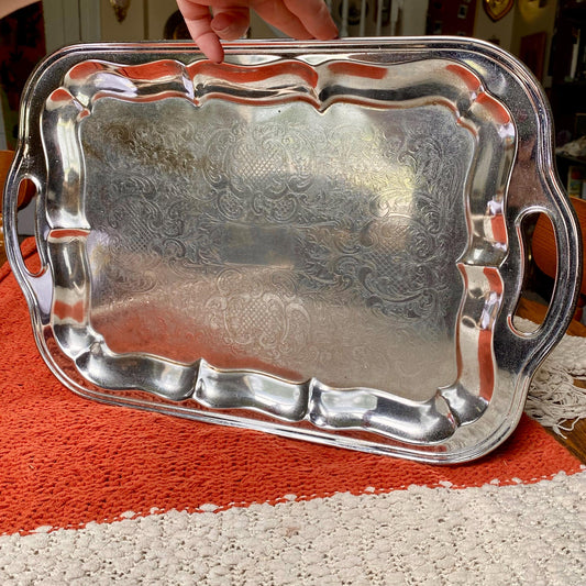 Vintage Irvingware Chrome-Plated Tray with Handles – Ornate Engraved Serving / Trinket Tray