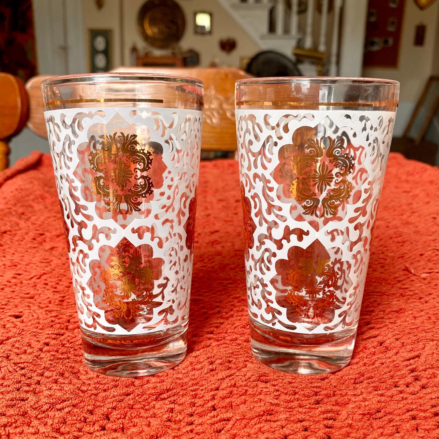 Set of Two Vintage White and Gold Lace Moroccan Moorish Tumbler Cocktail Glasses