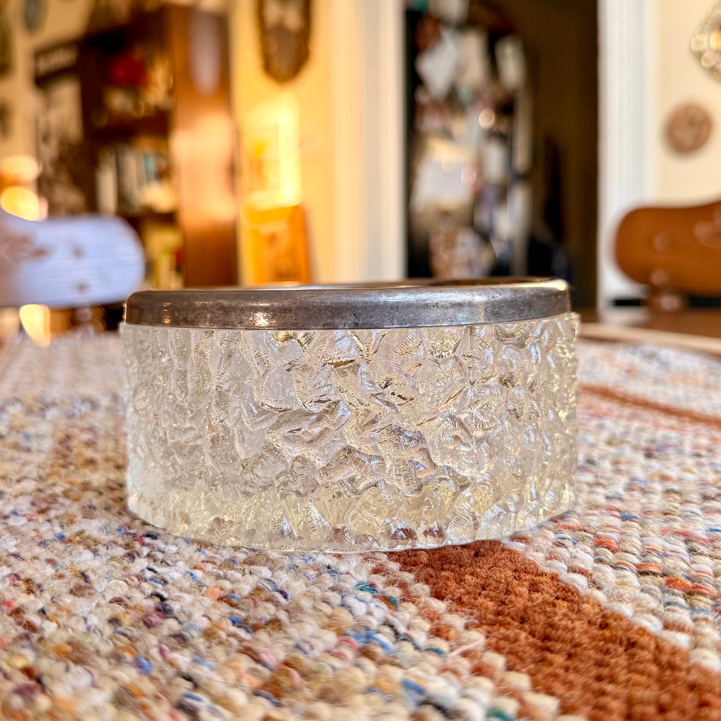 Vintage MidCentury Modern Davidson Brama Luna Crystal Glass Bowl with Silver Rim