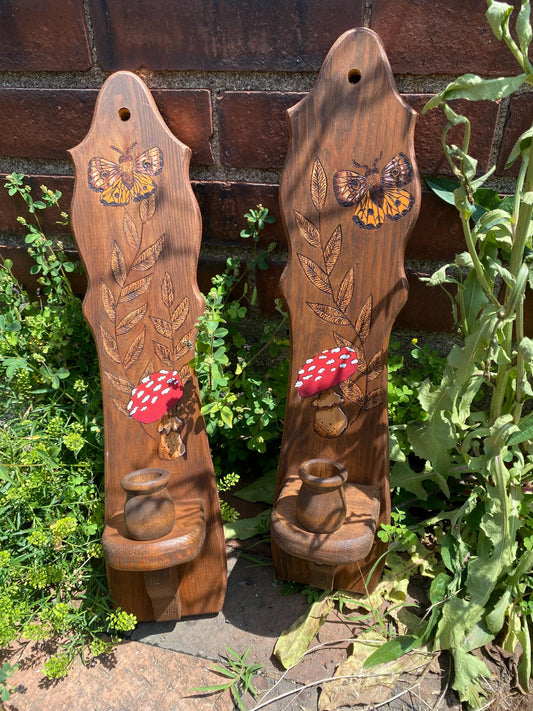 MCM Style Wooden Wall Candle Holders with Butterfly and Mushroom Design