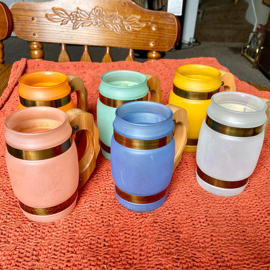 Set of 6 Mid-Century Modern Siesta Ware Frosted Glass Barrel Mugs with Carved Wooden Handles and Brass Bands