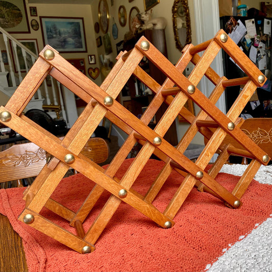 Vintage Mid-Century Modern Wooden Accordion Style Folding 8-Bottle Wine Rack