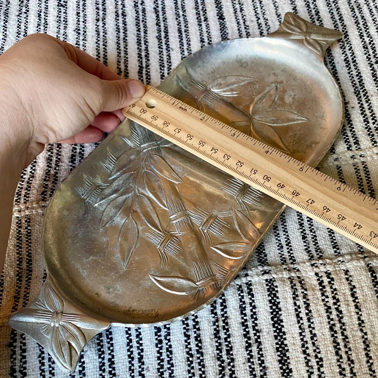 Vintage Bamboo Hand Forged Everlast Metal Aluminum Trinket Tray with Handles