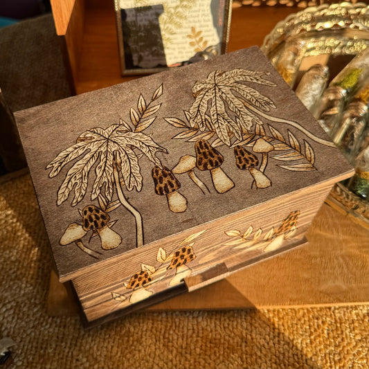 Hand Woodburned and Stained Morel Mushroom Themed Jewelry Box