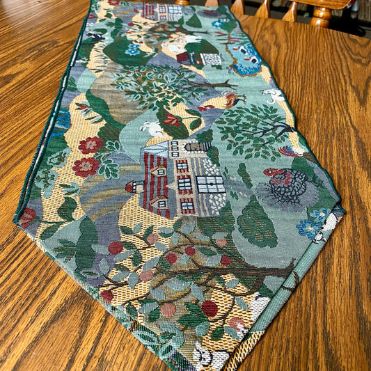 Vintage Cottagecore Farm Themed Tapestry Brocade Table Runner With Tassels