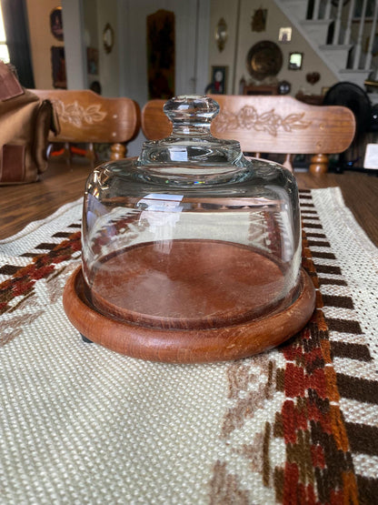 Vintage Dolphin Danish Modern Teak Wood Cheeseball Serving Tray with Glass Cover