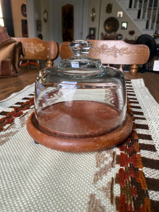 Vintage Dolphin Danish Modern Teak Wood Cheeseball Serving Tray with Glass Cover