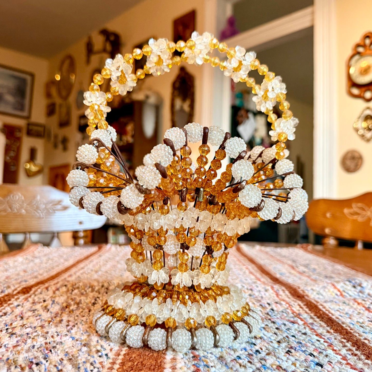 Vintage Mid-Century Modern Handmade Bead and Safety Pin Basket