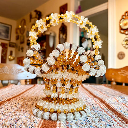 Vintage Mid-Century Modern Handmade Bead and Safety Pin Basket