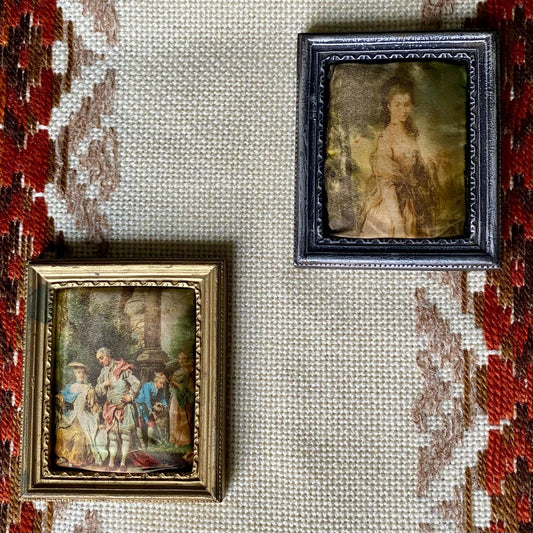 Two Small Puffed Antique Silk Print Picture Frames - Made in Italy