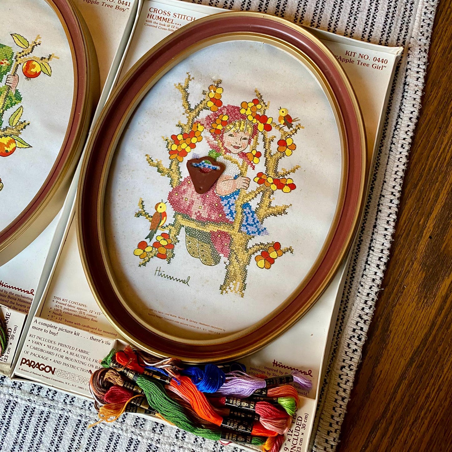 Set of 2 Vintage Paragon Needlepoint Cross Stitch Hummel Kits Apple Tree Boy and Girl