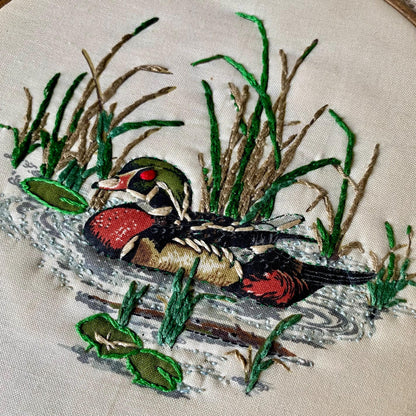 Vintage Duck Themed Hand Embroidered Hoop with Lace Trim