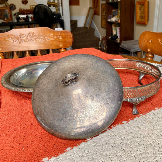 Mid-Century Footed Silver Plated Covered Chafing Dish Casserole Warmer