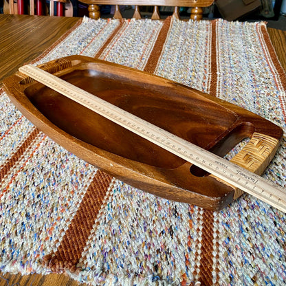 Mid-Century Modern Solid Acacia Koa Wood Gondola Tray with Rattan Handles