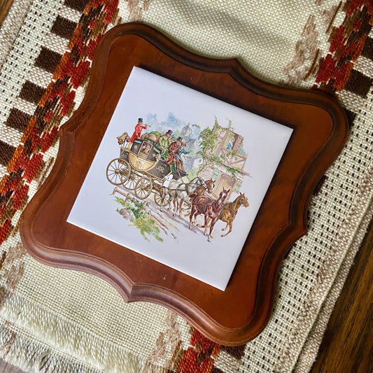 Vintage Ceramic Tile Wall Art Laid In Wood Featuring Carriage Scene