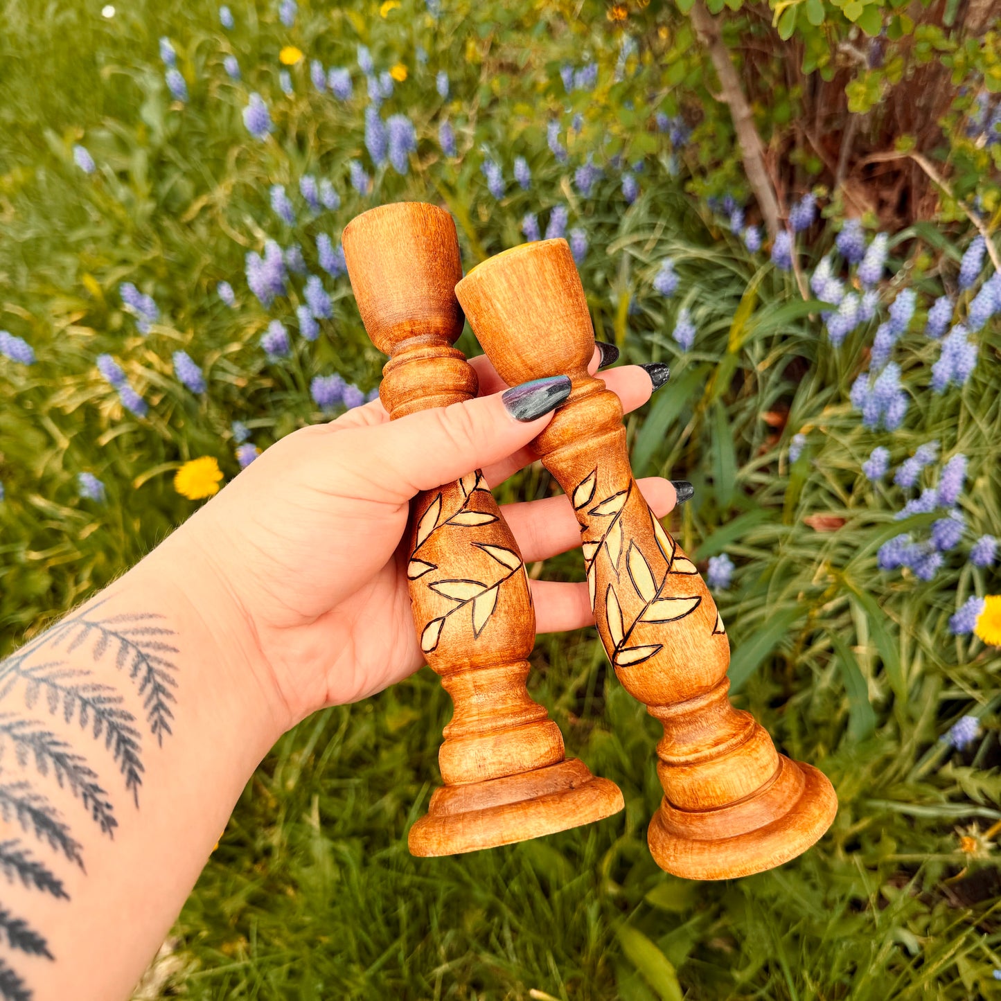 Hand Woodburned and Stained Candle Holders