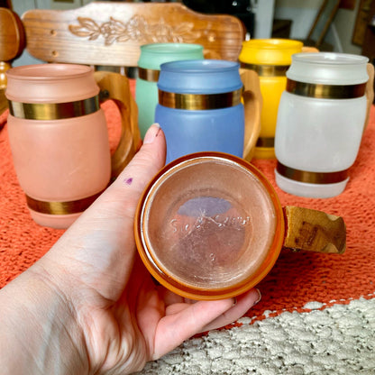Set of 6 Mid-Century Modern Siesta Ware Frosted Glass Barrel Mugs with Carved Wooden Handles and Brass Bands