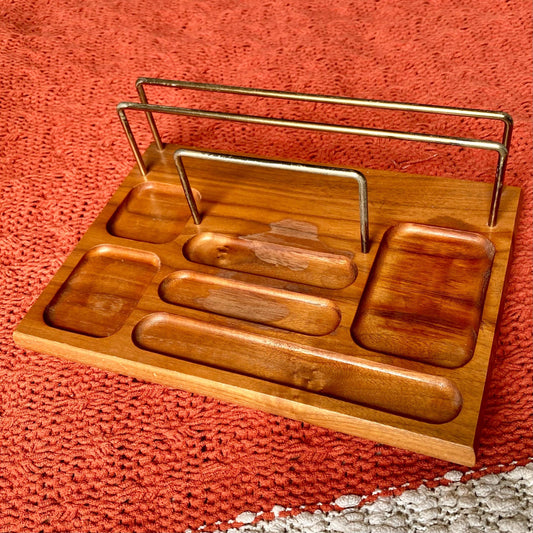 Vintage Dresser Valet Stand Organizer Tray Solid Oak and Brass with Felt Feet