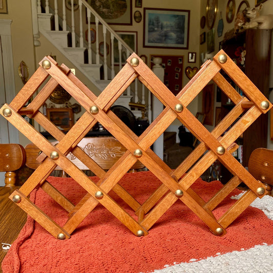 Vintage Mid-Century Modern Wooden Accordion Style Folding 8-Bottle Wine Rack