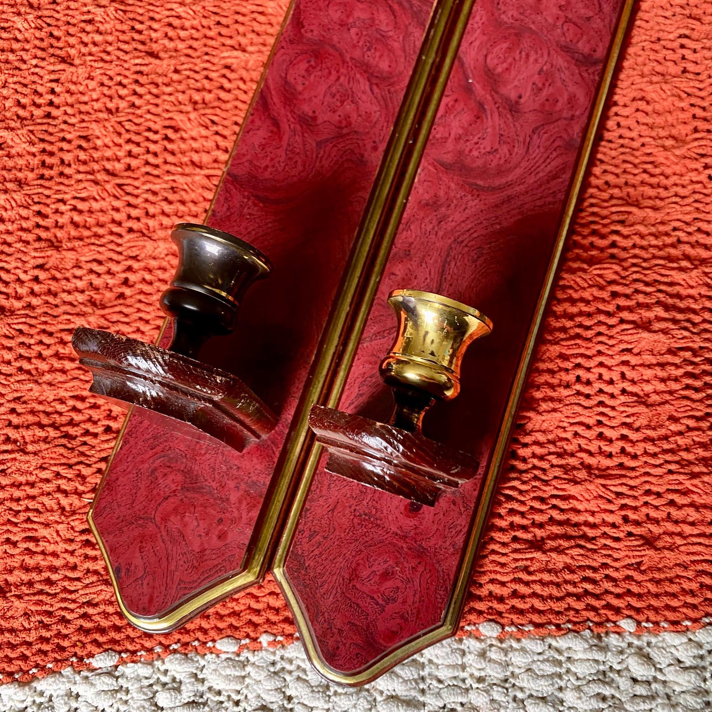 Set of Two Vintage Home Interiors Cherry Wood Wall Sconce / Candle Holders