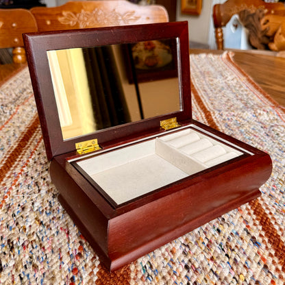 Vintage Wooden Jewelry Box w/ Inlaid Floral Tapestry and Removable Jewelry Tray