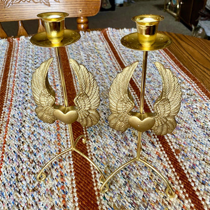 Set of Two Vintage Brass Pillar Candle Holders Adorned with Ornate Hearts with Wings