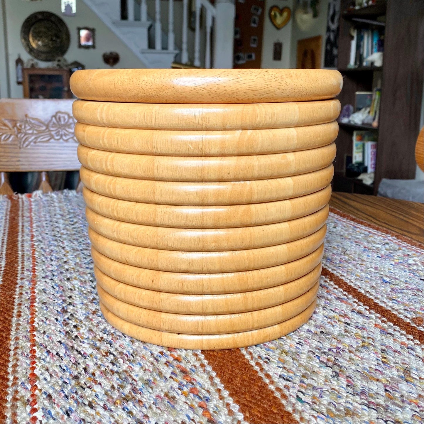 Heavy Wood Mid-Century Modern Ribbed Barware Ice Bucket