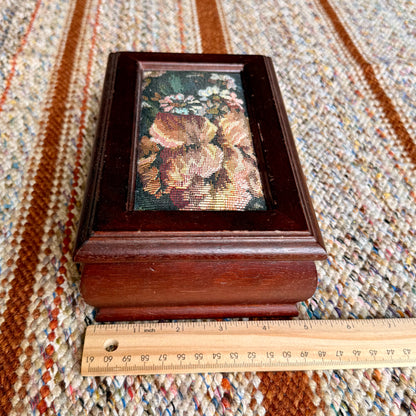 Vintage Wooden Jewelry Box w/ Inlaid Floral Tapestry and Removable Jewelry Tray