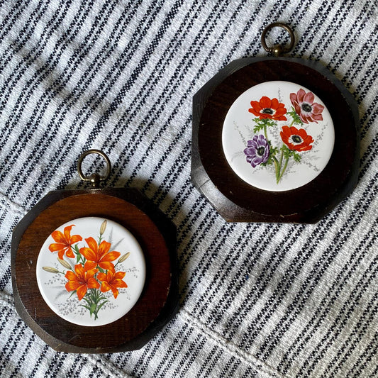 Vintage Floral Trivet Tiles on Wooden Base - Wall Hanging