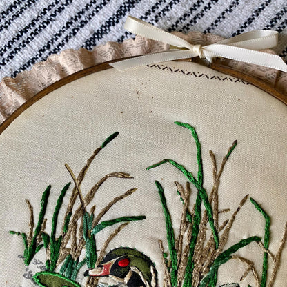 Vintage Duck Themed Hand Embroidered Hoop with Lace Trim