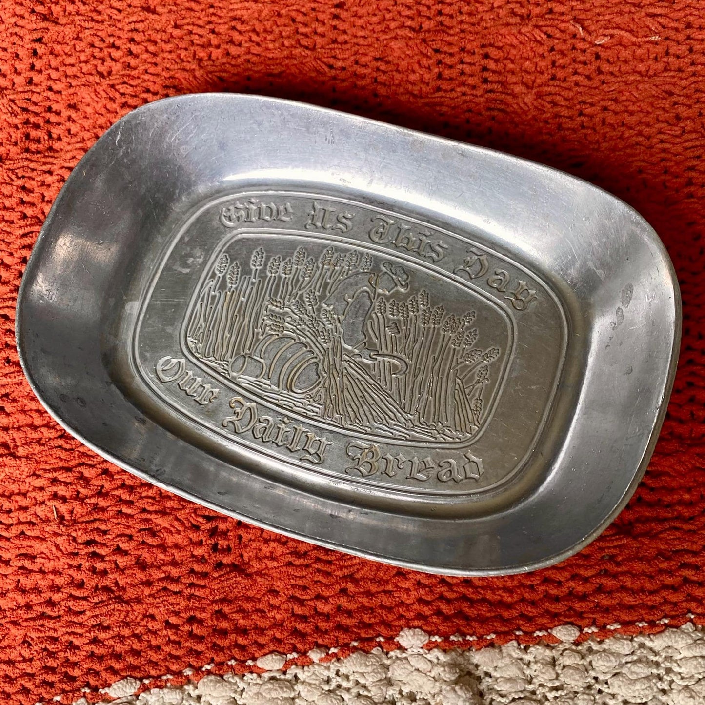 Antique 1960’s Pewter Platter Tray “Give Us This Day Our Daily Bread”