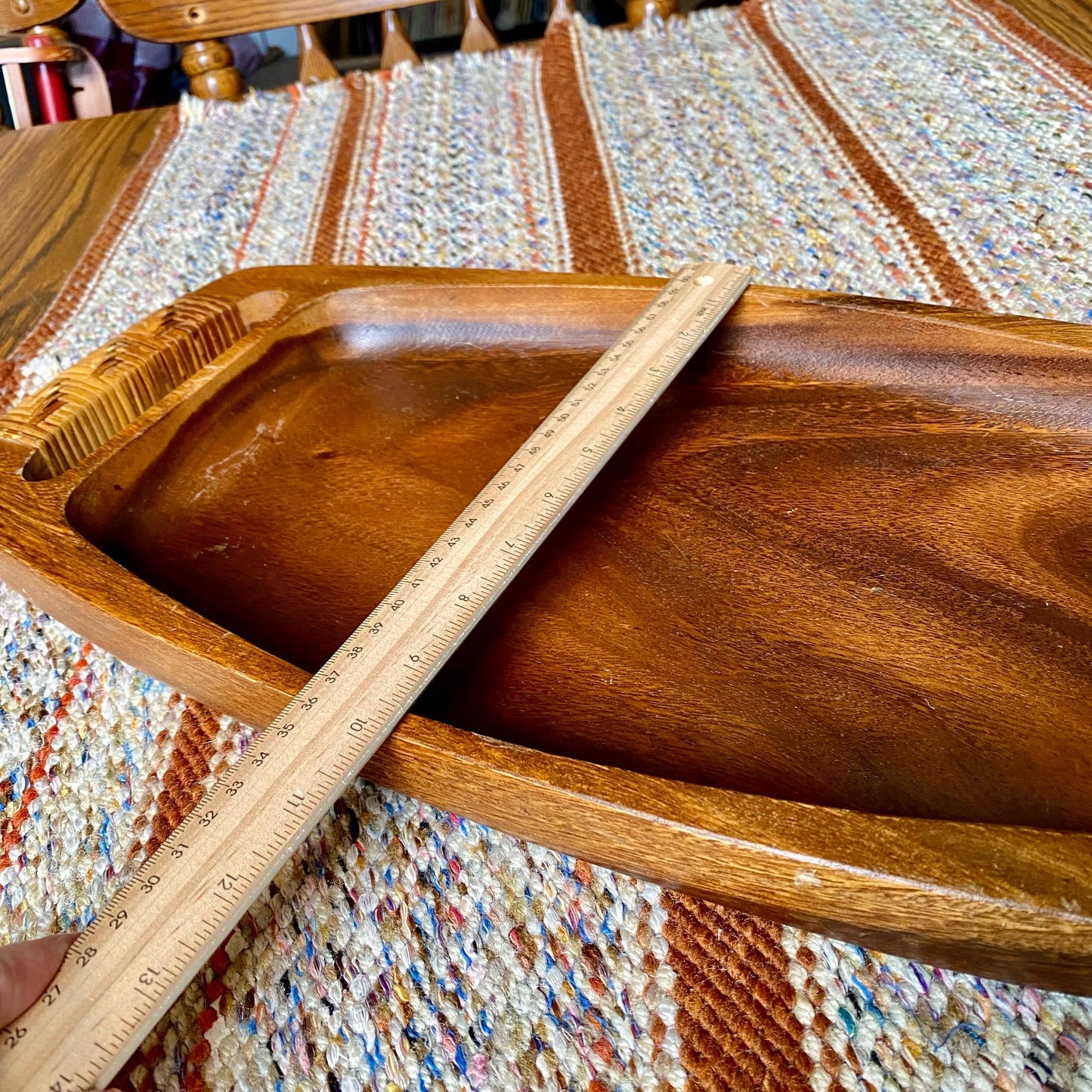 Mid-Century Modern Solid Acacia Koa Wood Gondola Tray with Rattan Handles