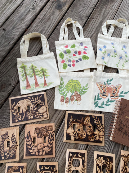 Nature Themed Hand Drawn Mini Tote Bag 8x7.5”