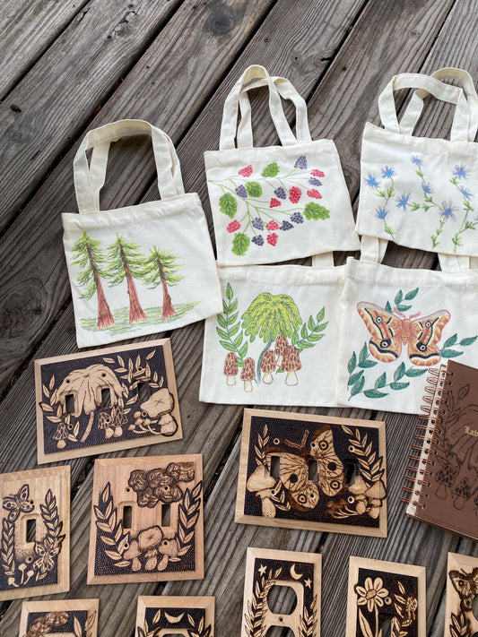 Nature Themed Hand Drawn Mini Tote Bag 8x7.5”