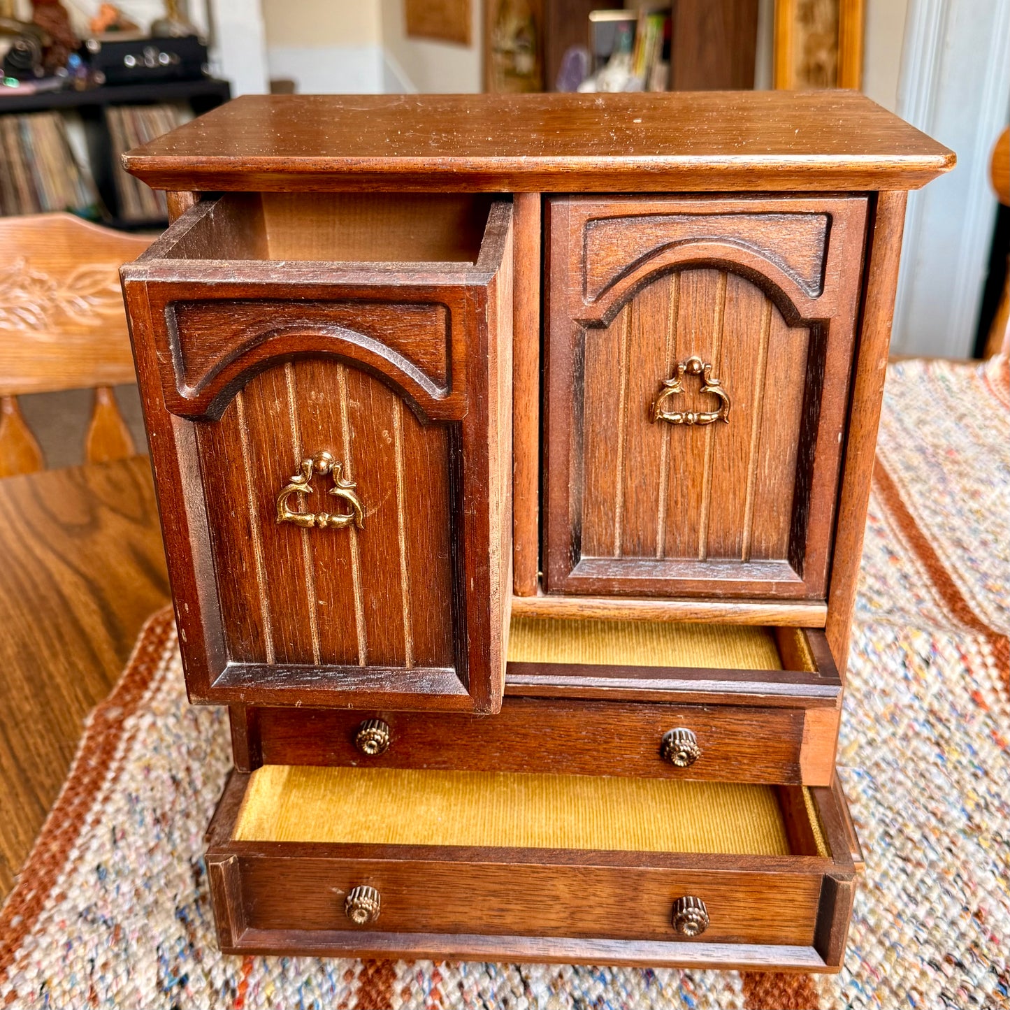 Vintage Wooden Armoire Music Box Jewelry Box with Brass Handles