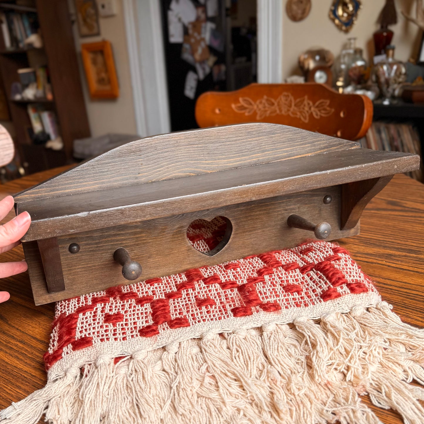 Vintage  Solid Wood Shelf with Heart Cut Out and Two Hangers