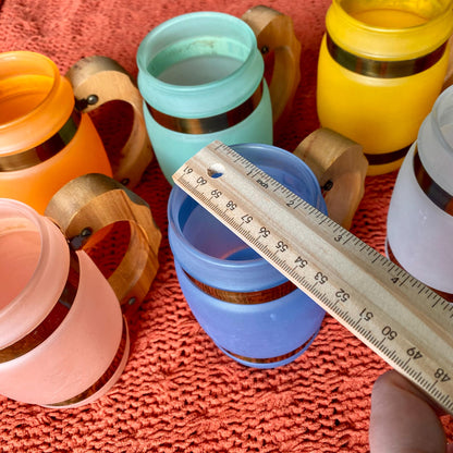Set of 6 Mid-Century Modern Siesta Ware Frosted Glass Barrel Mugs with Carved Wooden Handles and Brass Bands