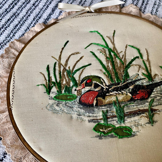 Vintage Duck Themed Hand Embroidered Hoop with Lace Trim