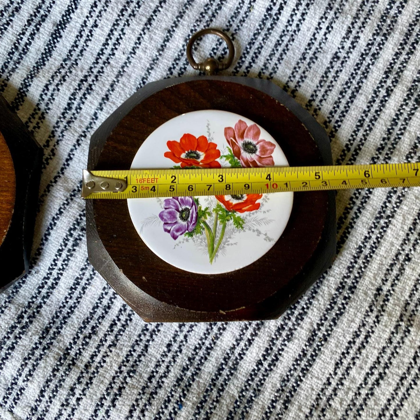 Vintage Floral Trivet Tiles on Wooden Base - Wall Hanging