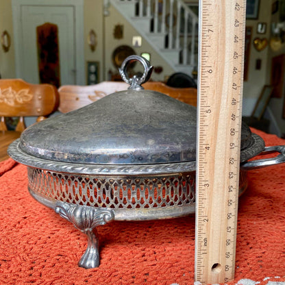 Mid-Century Footed Silver Plated Covered Chafing Dish Casserole Warmer