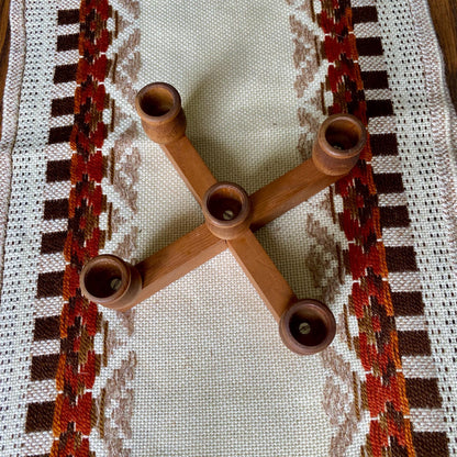 Mid-Century Modern Wooden Scandinavian Criss Cross 5 Candle Candelabra