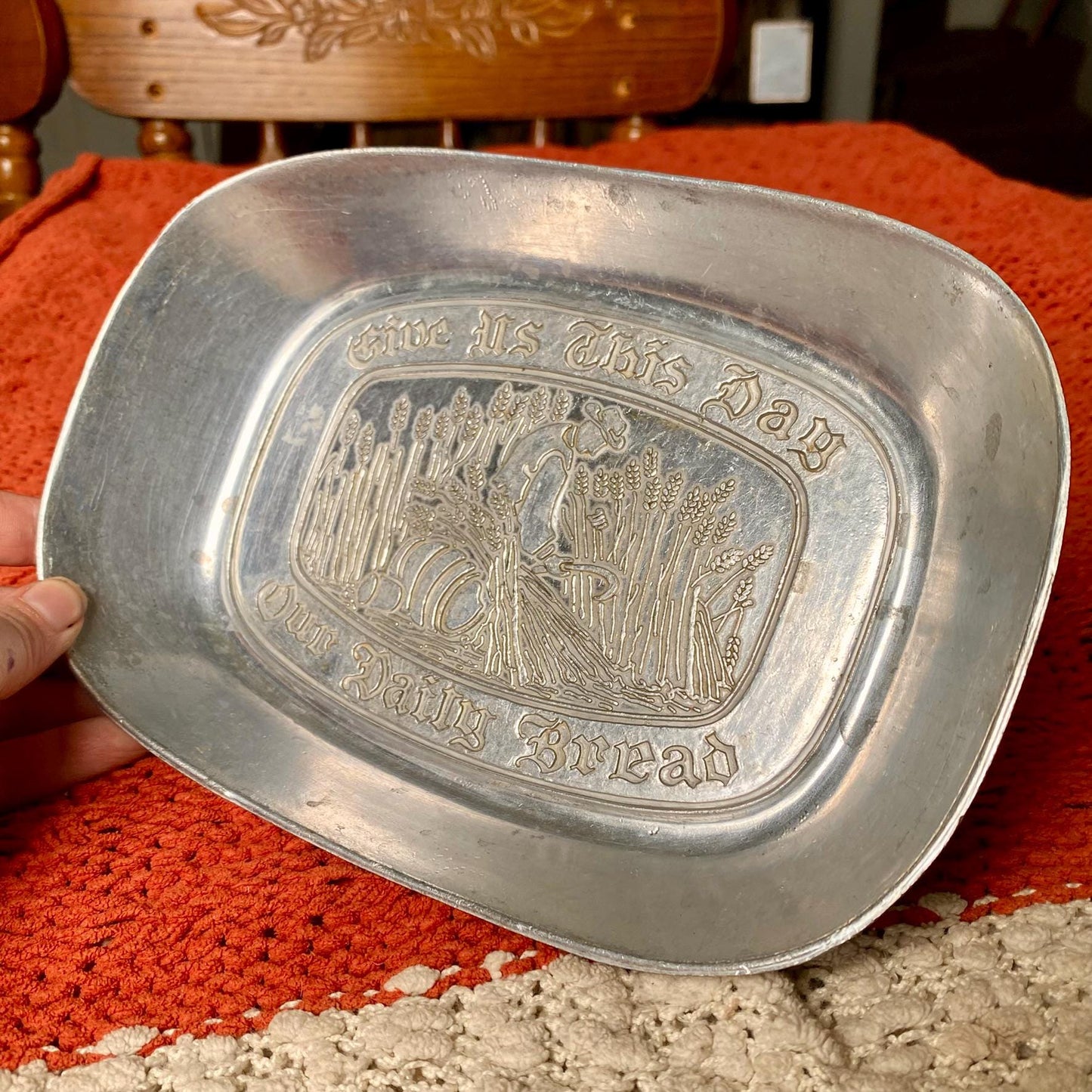 Antique 1960’s Pewter Platter Tray “Give Us This Day Our Daily Bread”