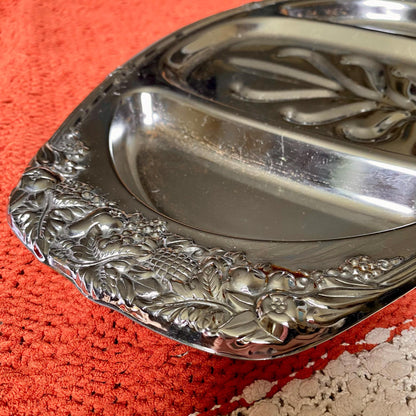Vintage Shelton-Ware Chrome Serving / Trinket Tray with Three Compartments and Ornate Fruit Design on Edges