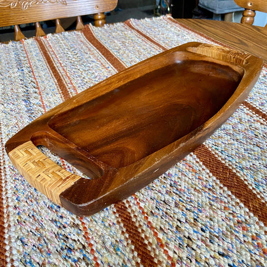 Mid-Century Modern Solid Acacia Koa Wood Gondola Tray with Rattan Handles
