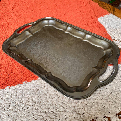 Vintage Irvingware Chrome-Plated Tray with Handles – Ornate Engraved Serving / Trinket Tray