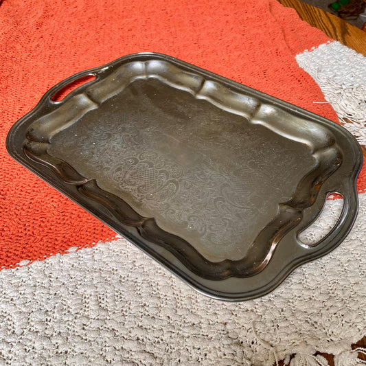 Vintage Irvingware Chrome-Plated Tray with Handles – Ornate Engraved Serving / Trinket Tray