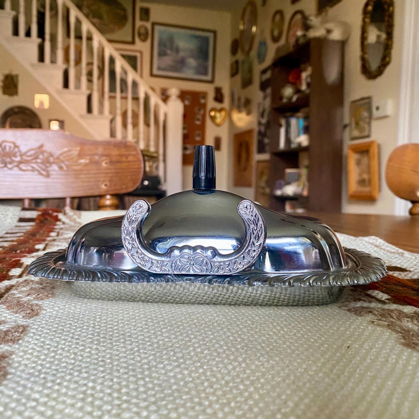 Vintage Chrome Ornate Butter Dish With Knife Holder